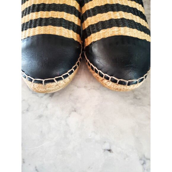 Black Natural Raffia Espadrilles Loeffler Randall Flat Woven Leather Trim Size 6 - Picture 5 of 10